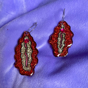 Red Vulva Earrings Glittered