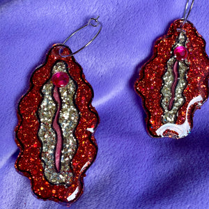 Red Vulva Earrings Glittered