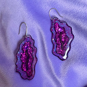Purple Vulva Earrings Glittered