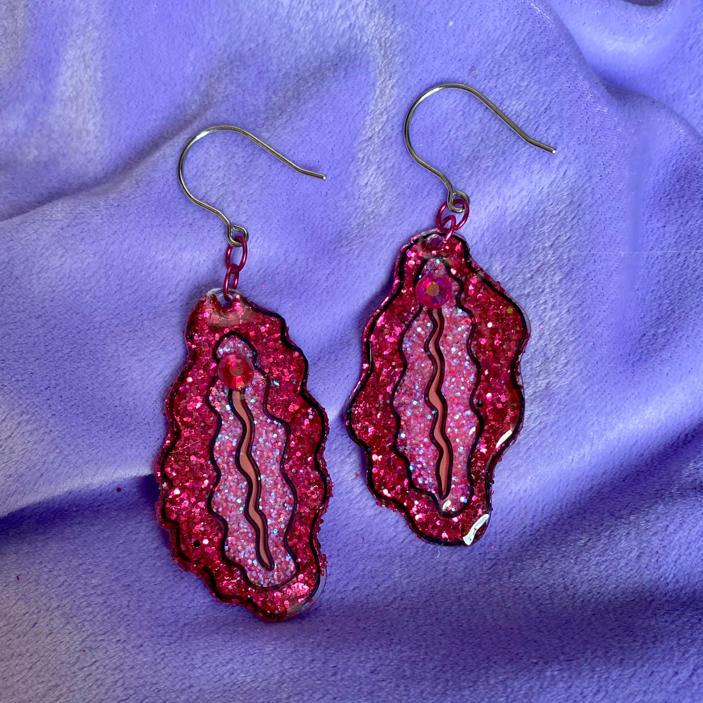 Dark Pink Vulva Earrings Glittered