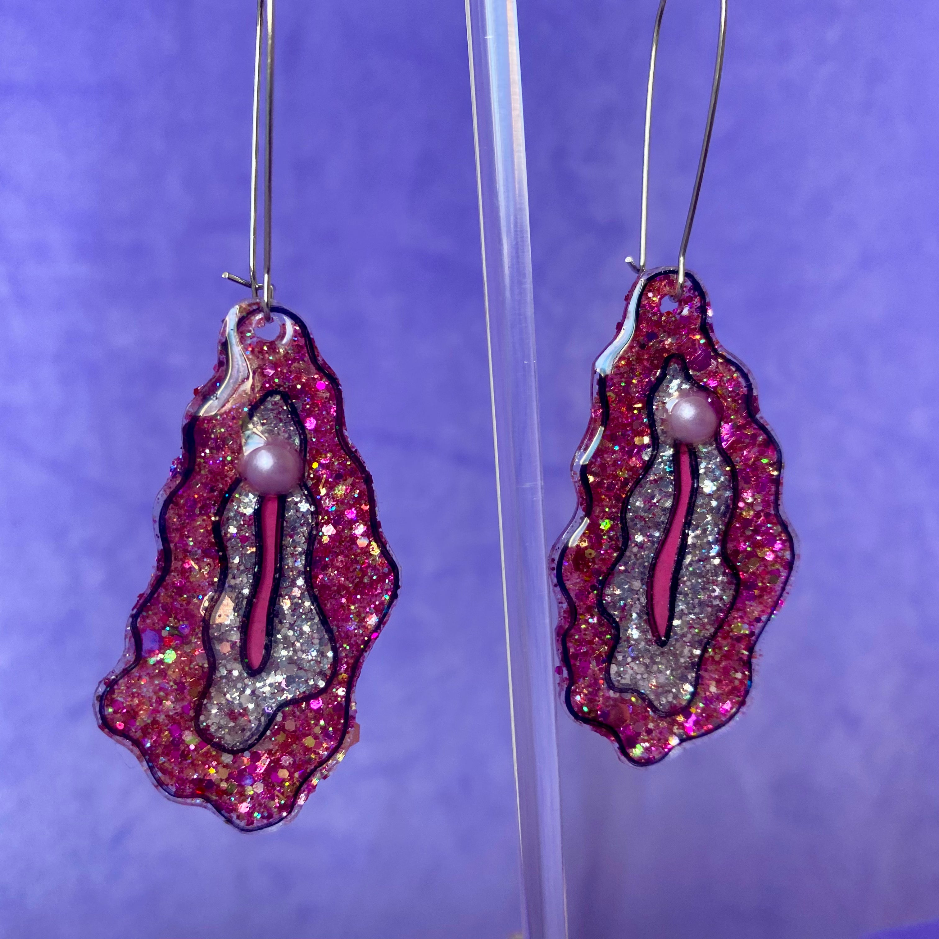 Pink & Silver Glittered Vulva Earrings