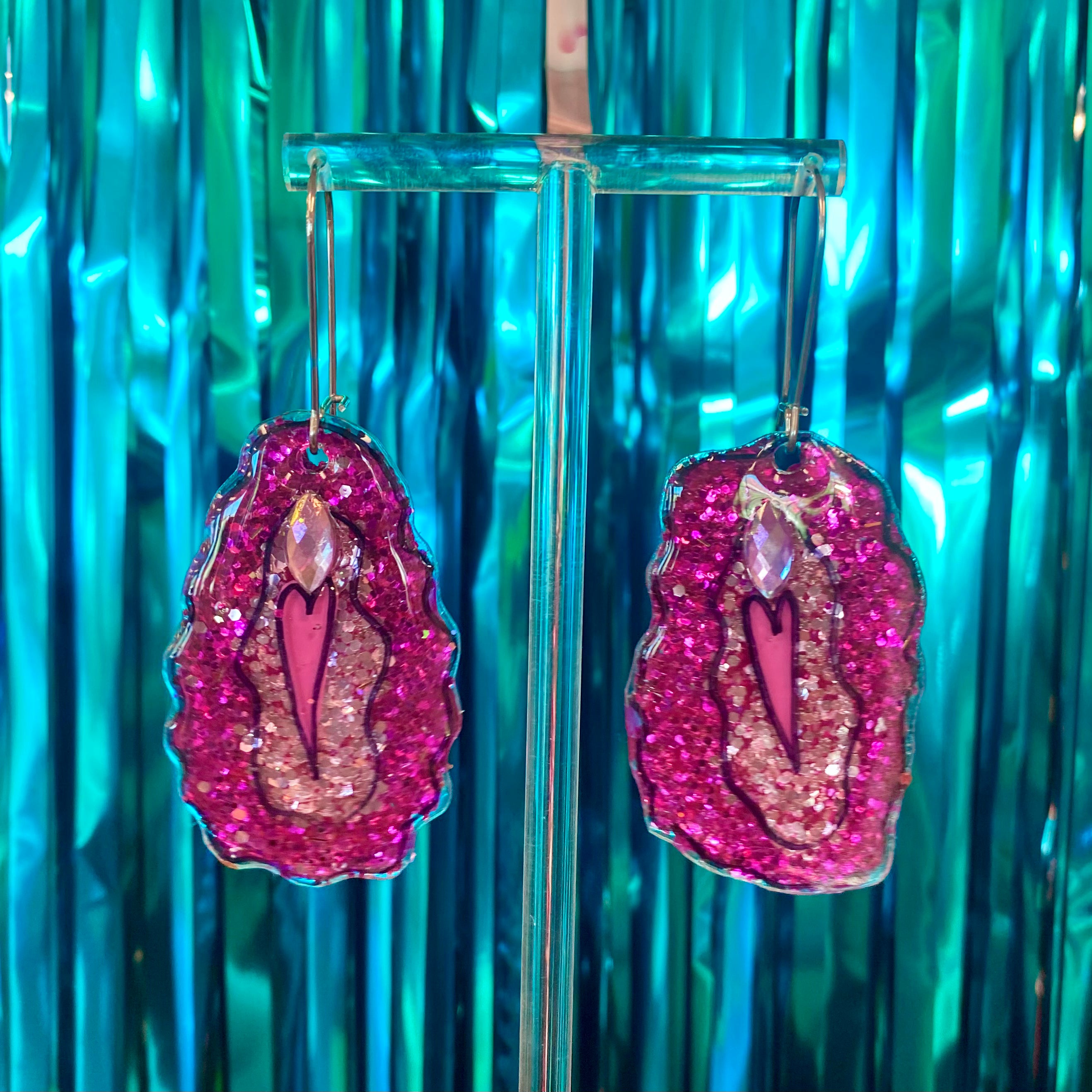 Pink Heart Vulva Earrings Glittered