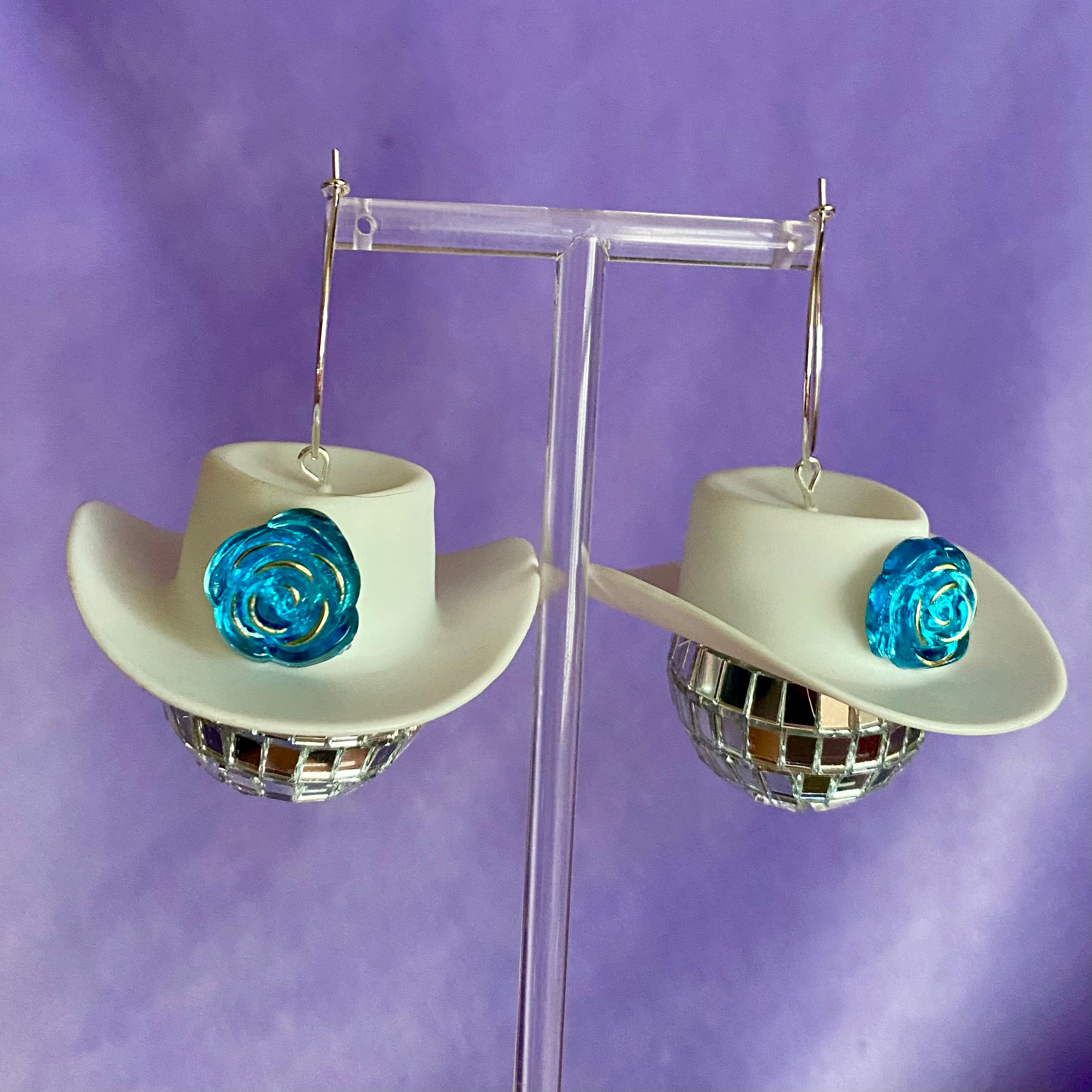 Cowboy Hat Disco Ball Earrings Blue Gem
