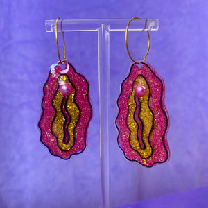 Hot Pink & Gold Glittered Vulva Earrings