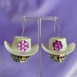 Cowboy Hat Disco Ball Earrings Purple Gem