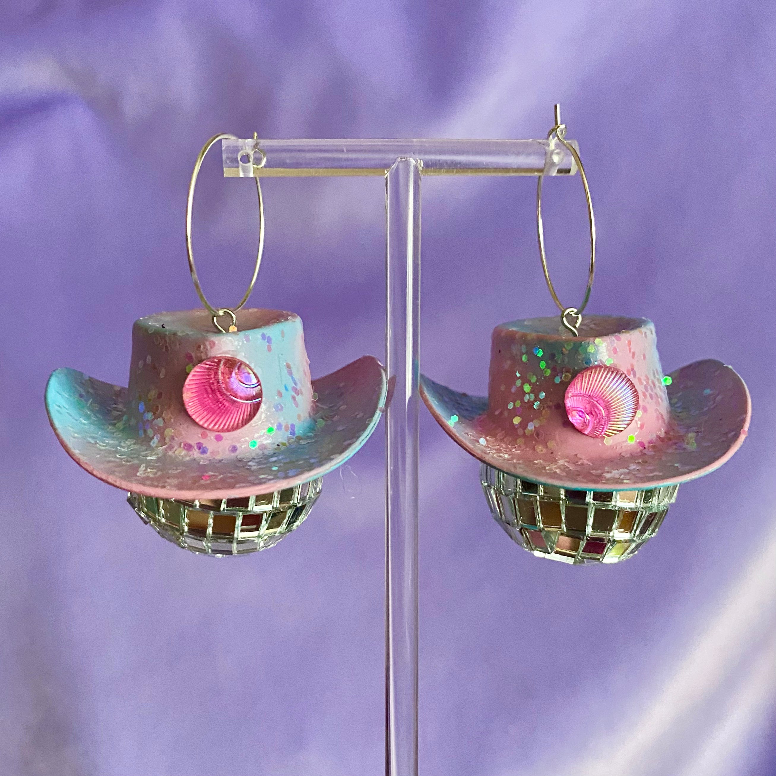 Cowboy Hat Disco Ball Earrings Sparkle