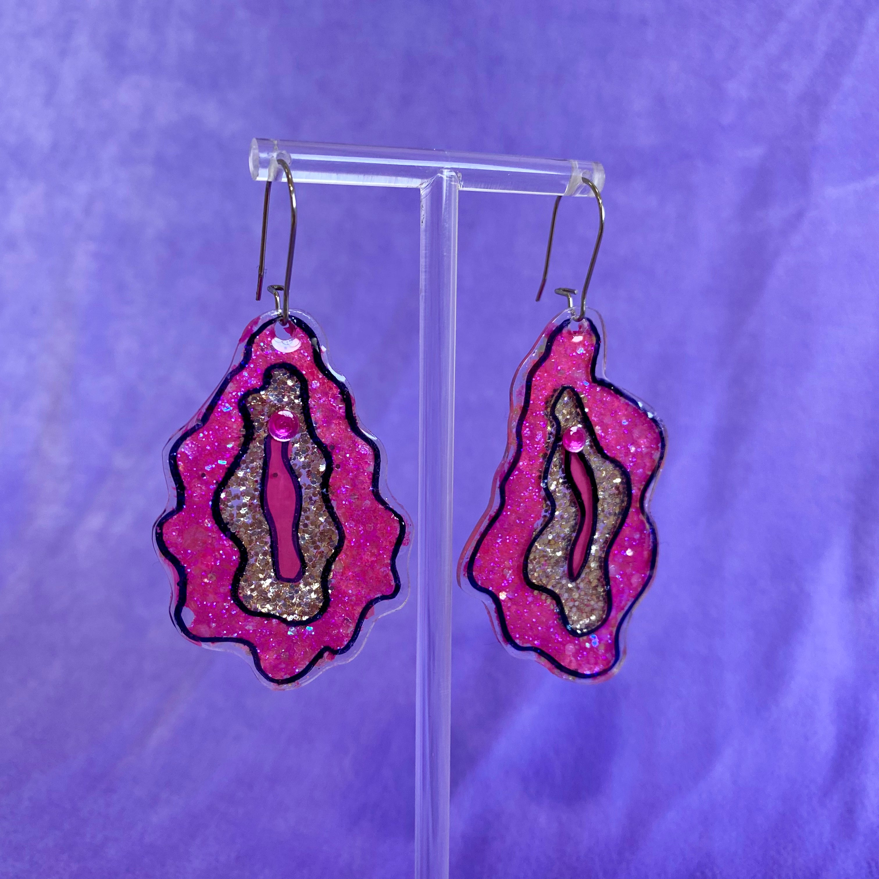 Bright Pink Vulva Earrings Glittered