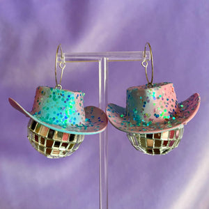 Cowboy Hat Disco Ball Earrings Blue Sparkle