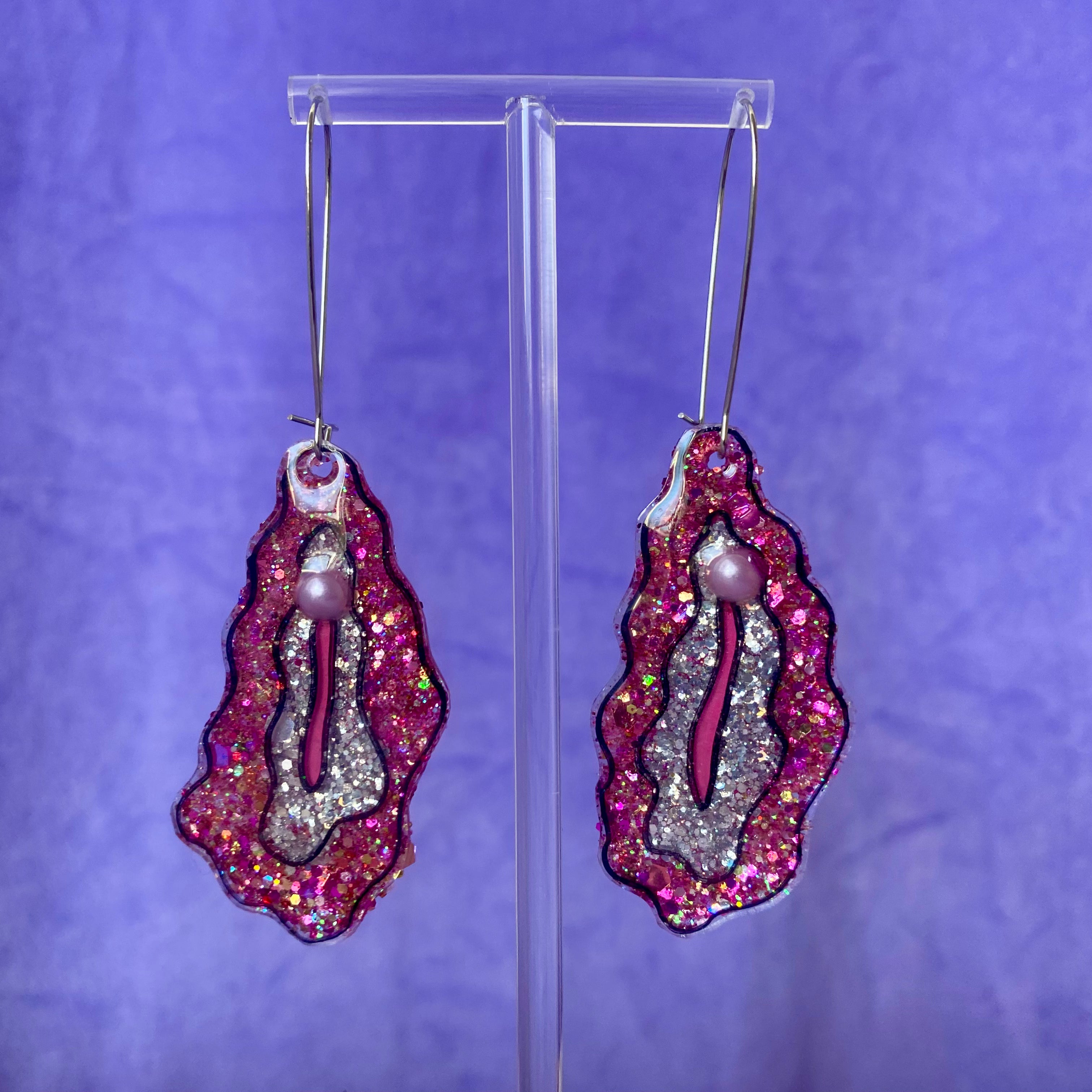 Pink & Silver Glittered Vulva Earrings