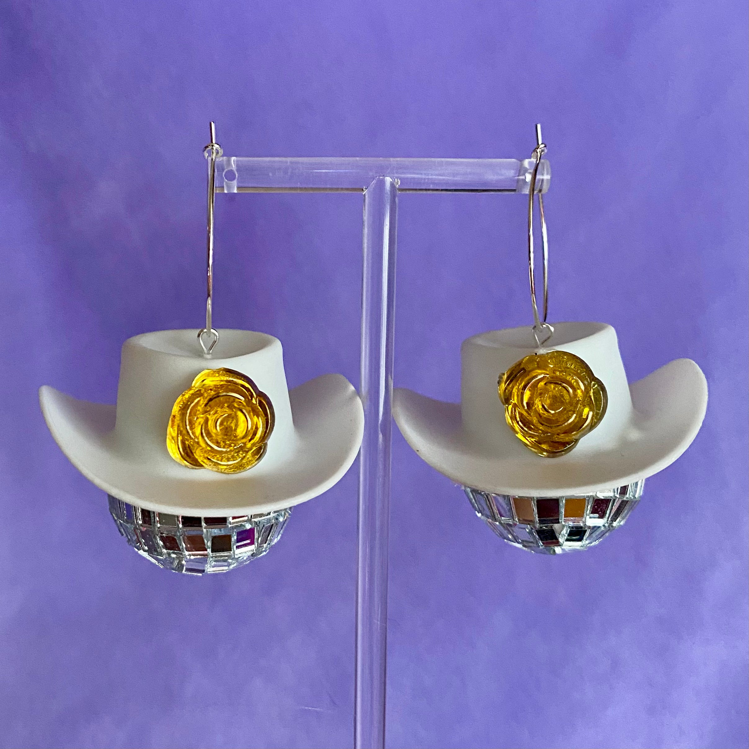 Cowboy Hat Disco Ball Earrings Gold Gem
