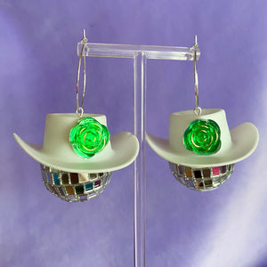Cowboy Hat Disco Ball Earrings Green Gem