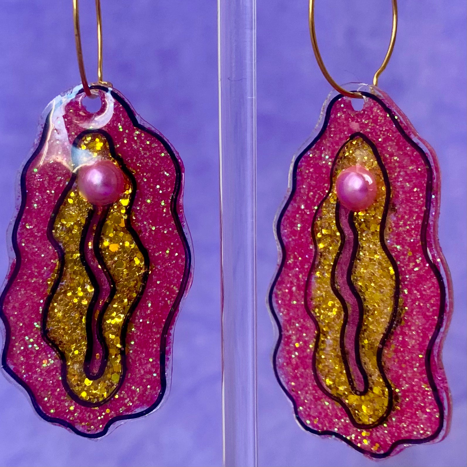 Hot Pink & Gold Glittered Vulva Earrings