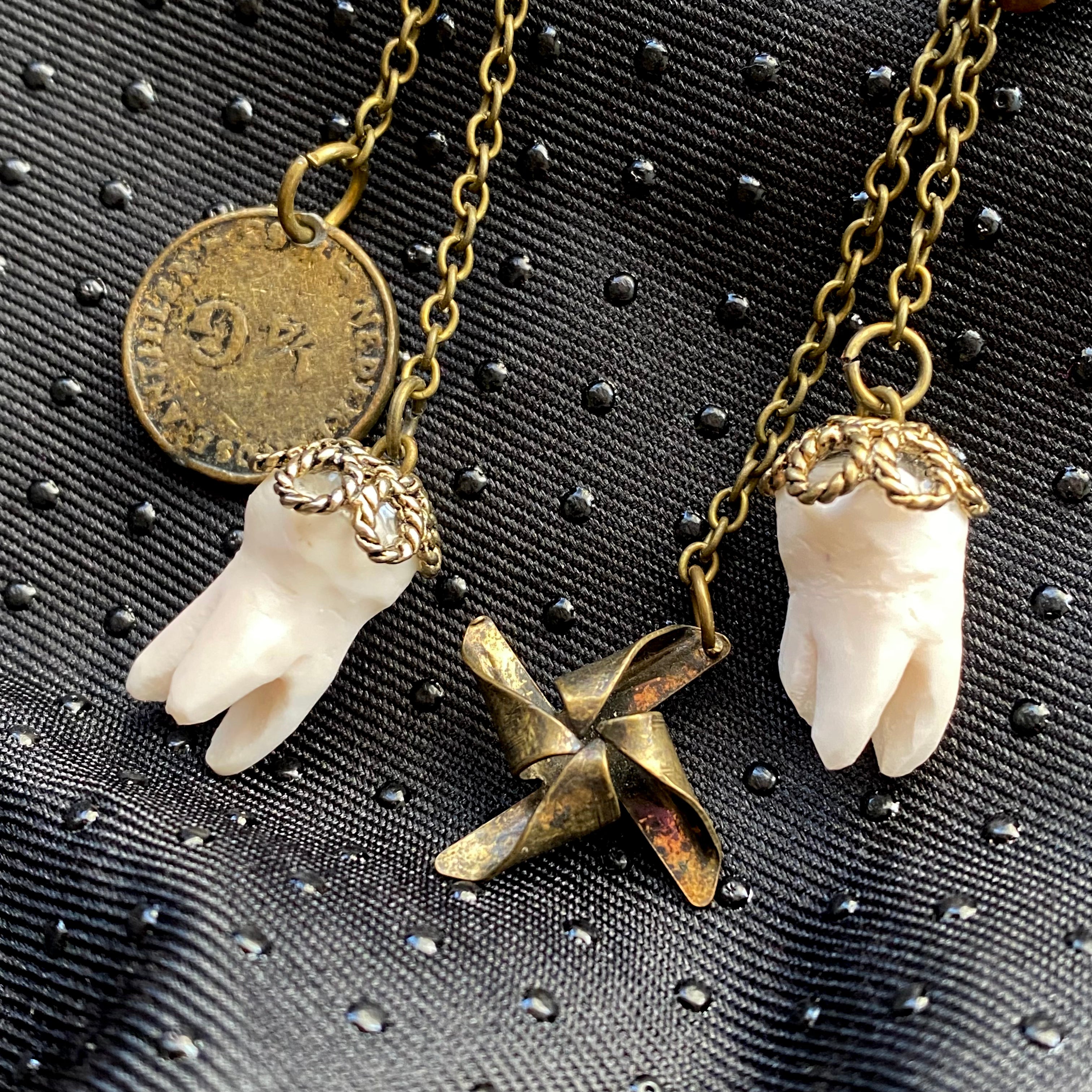 Antique Style Tooth and Charm Earrings