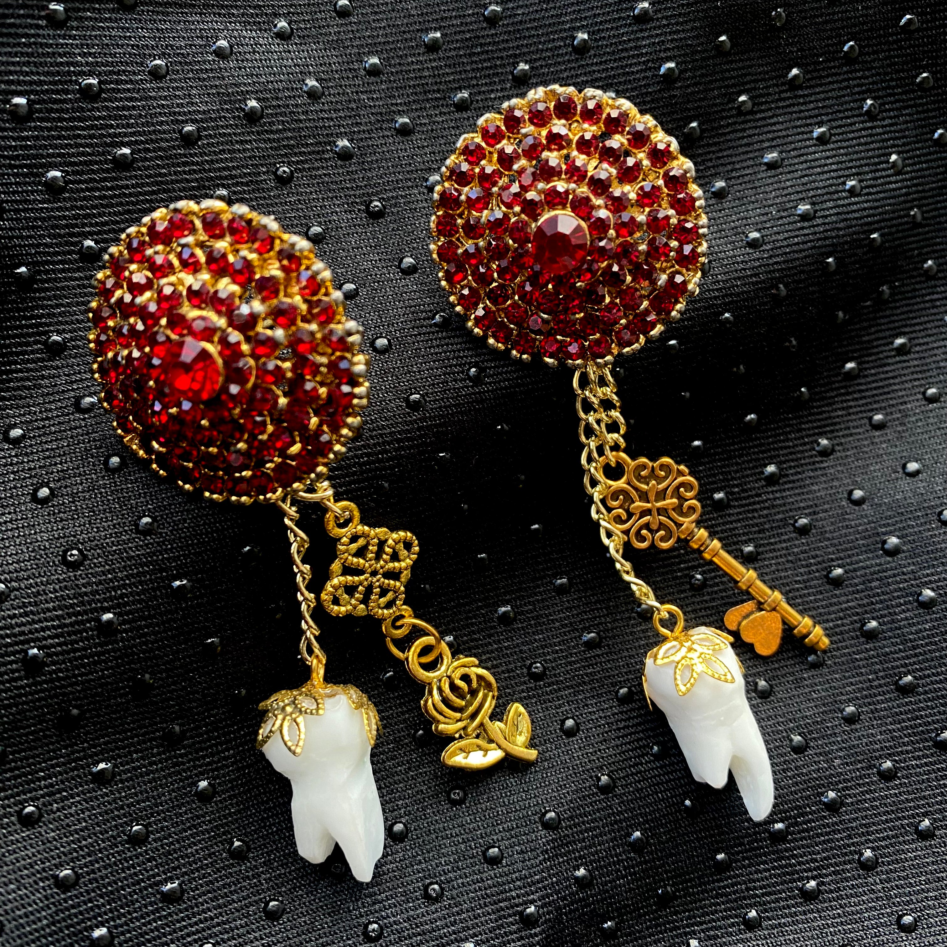 Ruby Red Jewel Tooth and Charm Earrings