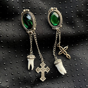 Emerald Cross Tooth and Charm Earrings