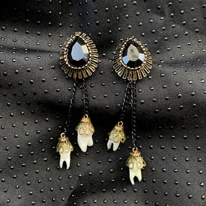 Antique Black Tooth Earrings Double